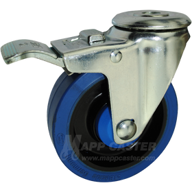 4" x 1-1/4" Elastic Rubber Wheel Hollow Kingpin Swivel Caster with Total Locking Brake - 400 Lbs Capacity