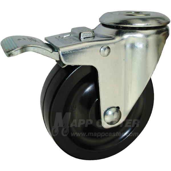 4" x 1-1/4" Soft Rubber Wheel Hollowkingpin Caster with Total Locking Brake - 220 Lbs Capacity