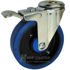 5" x 1-1/4" Elastic Rubber Wheel Hollow Kingpin Swivel Caster with Total Locking Brake - 350 Lbs Capacity