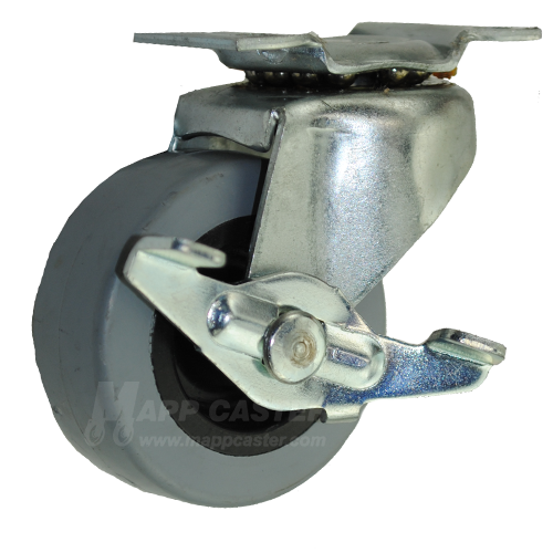 2" x 1" Gray Thermoplastic Rubber Wheel Swivel Caster With Brake - Part #8PRE20113ZNTPRB
