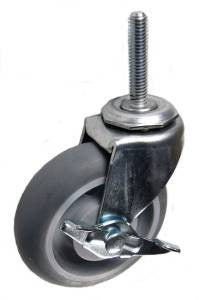 3" x 13/16" Crowned Thermoplastic Rubber (TPR) Wheel Swivel Brake Caster with 5/16" x 1-1/2" Threaded Stem - 120 Lbs Capacity