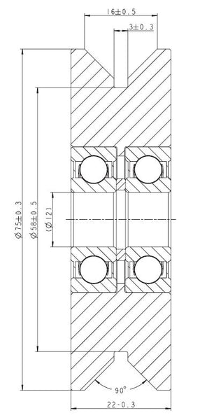 75mm x 22mm (2.95" x 0.86") Solid Steel V-Groove Wheel - 550 Lbs Capacity