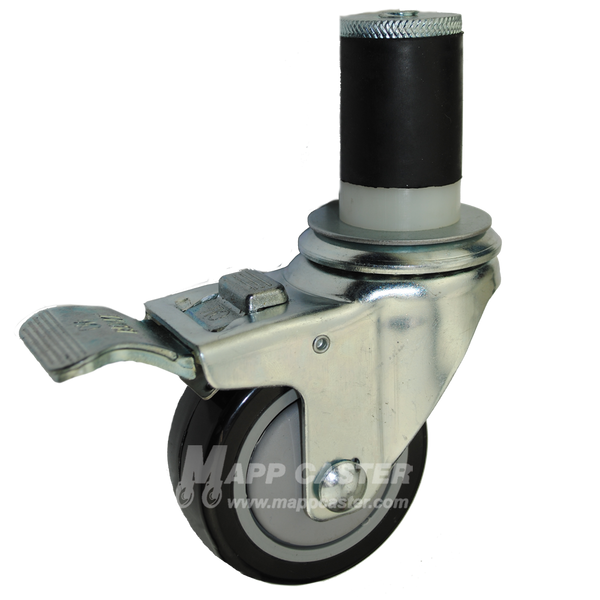 3" x 1-1/4" Black Polyurethane Wheel Swivel Caster with Total Lock Brake - Select Expanding Stem Size - 300 Lbs Capacity