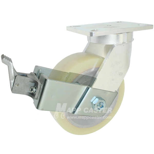 A silver-colored face contact brake designed for 8" x 3" casters