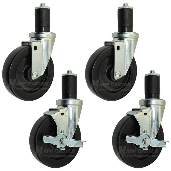 5” Food Prep Table Casters, NSF Certified, Water & Cleaning solvent Resistant Wheels - Set of 4 (Two Brakes) - 350 Lbs Capacity (Each Caster)