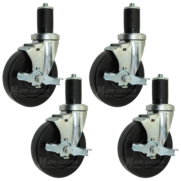 5” Food Prep Table Casters, NSF Certified, Water & Cleaning solvent Resistant Wheels - Set of 4 (All Brakes)