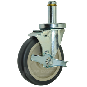 5" x 1-1/4" Polyurethane Wheel Swivel Brake Caster with 7/8" x 2-3/16" Grip Ring Stem - 300 Lbs Capacity