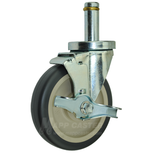5" x 1-1/4" Polyurethane Wheel Swivel Brake Caster with 7/8" x 2-3/16" Grip Ring Stem - 300 Lbs Capacity