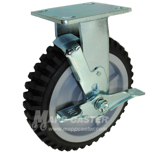 8" x 2" Rugged Thermoplastic Rubber Wheel Rigid Brake Caster - 400 Lbs Capacity
