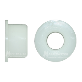 Two pieces of a flanged Delrin bearing designed for use with 2 inch wide caster wheels, displayed against a white background.
