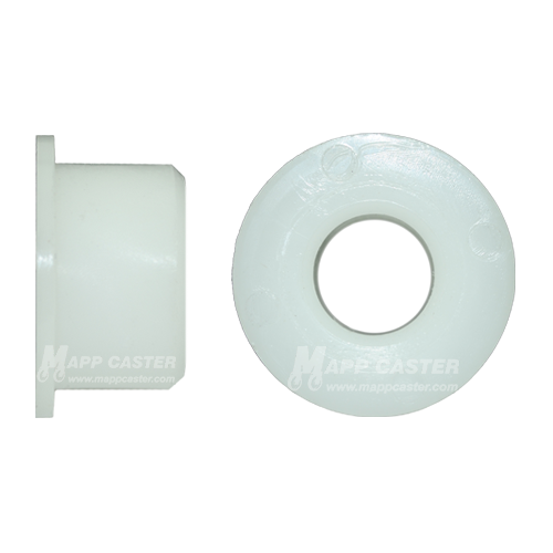 Two pieces of a flanged Delrin bearing designed for use with 2 inch wide caster wheels, displayed against a white background.