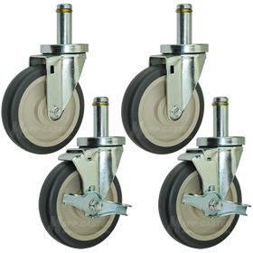 5" Metro Wire Shelving Caster Kit, Set of 4 Floor Protective Casters, 2 With Brake & 2 Without, 7/8" Grip Ring Stems (Two Brakes) - 300 Lbs Capacity