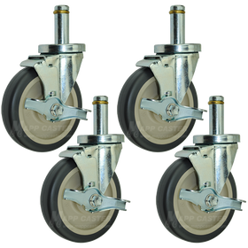5" Metro Wire Shelving Caster Kit, Set of 4 Floor Protective Brake Casters, 7/8" Grip Ring Stems (All Brake)