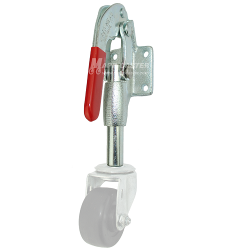 A metal bracket with a red push/pull handle designed for use with 3/8" threaded stem casters.