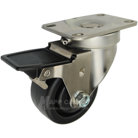 3" x 1-1/4" Heavy Duty Plastic Wheel Stainless Steel Sealed Swivel Caster with Face Contact Brake - 300 Lbs Capacity