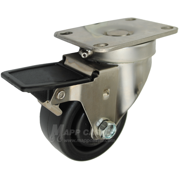 3" x 1-1/4" Heavy Duty Plastic Wheel Stainless Steel Sealed Swivel Caster with Face Contact Brake - 300 Lbs Capacity