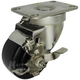 3" x 1-1/4" Heavy Duty Plastic Wheel Stainless Steel Sealed Swivel Caster with Brake - 300 Lbs Capacity