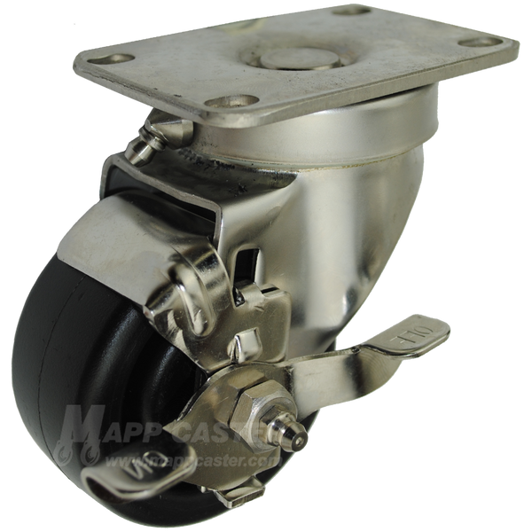 3" x 1-1/4" Heavy Duty Plastic Wheel Stainless Steel Sealed Swivel Caster with Brake - 300 Lbs Capacity