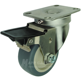 3" x 1-1/4" Thermoplastic Rubber Stainless Steel Sealed Swivel Caster with Face Contact Brake - 210 Lbs Capacity