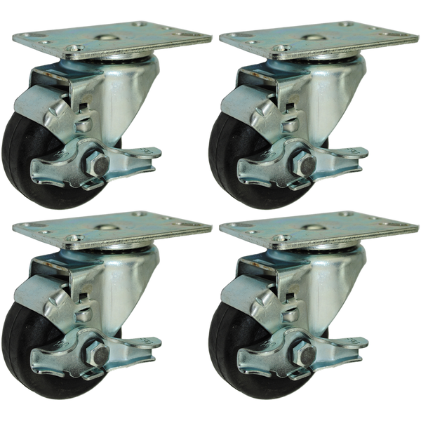 3” Bakery Rack Oven Casters, Set of 4 (All Brakes) - 350 Lbs Capacity (Each Caster)