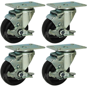 3-1/2" Bakery Rack Oven Casters, Set of 4 (All Brakes) - 350 Lbs Capacity (Each Caster)