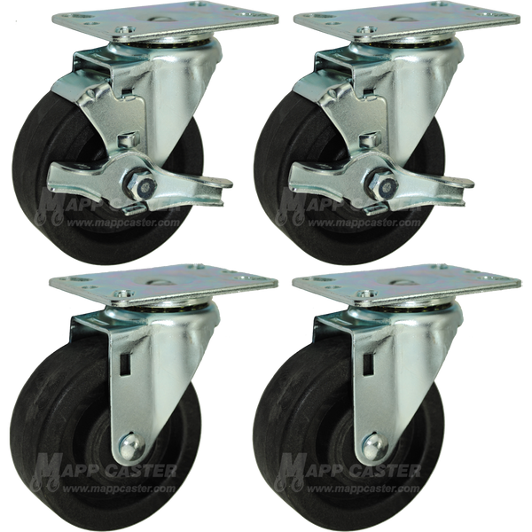 4" Bakery Rack Oven Casters, Set of 4 (Two Brakes) - 350 Lbs Capacity (Each Caster)