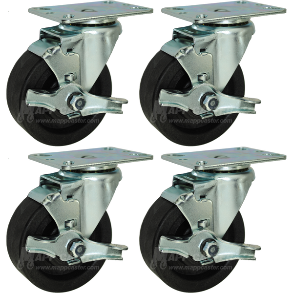 4" Bakery Rack Oven Casters, Set of 4 (All Brakes) - 350 Lbs Capacity (Each Caster)