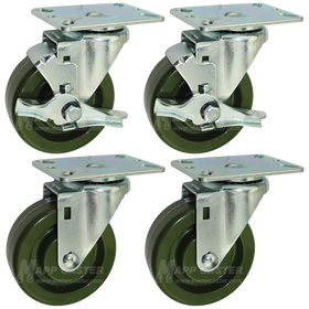 4” x 1-3/8" Bakery Rack Oven Casters with Easy Rolling Ball Bearings, Set of 4 (Two Brakes) - 350 Lbs Capacity (per Caster)