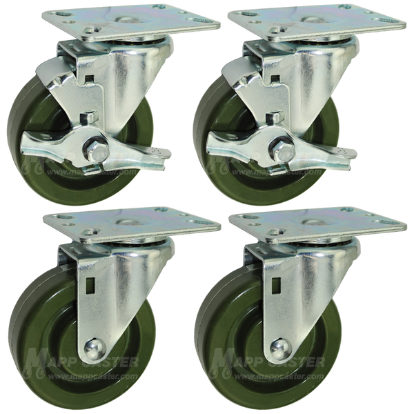 4” x 1-3/8" Bakery Rack Oven Casters with Easy Rolling Ball Bearings, Set of 4 (Two Brakes) - 350 Lbs Capacity (per Caster)