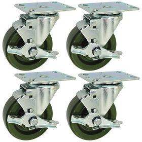 4” x 1-3/8" Bakery Rack Oven Casters with Easy Rolling Ball Bearings, Set of 4 (All Brakes) - 350 Lbs Capacity (per Caster)