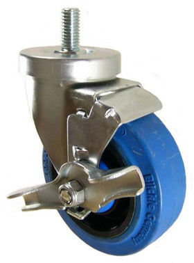 4" x 1-1/4" Elastic Rubber Wheel Swivel Brake Caster with 1/2"-10 X 1" Long Threaded Stem - 350 Lbs Capacity