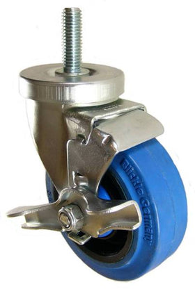 4" x 1-1/4" Elastic Rubber Wheel Swivel Brake Caster with 1/2"-10 X 1-1/2" Long Threaded Stem - 350 Lbs Capacity