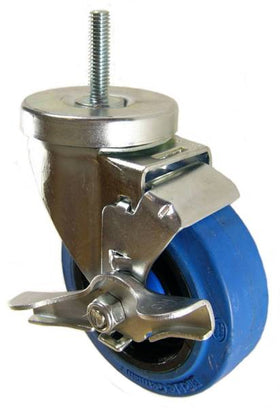 4" x 1-1/4" Elastic Rubber Wheel Swivel Caster with 3/8" Threaded Stem and brake - 350 Lbs Capacity