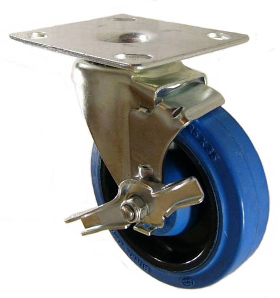 5" x 1-1/4" Elastic Rubber wheel Swivel Brake Caster with 4" x 4-1/2" Top Plate - 350 Lbs Capacity