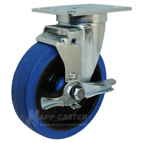 5" x 1-1/4" Blue Elastic Rubber wheel Swivel Brake Caster with 3-1/8" x 4-1/8" Top Plate - 350 Lbs Capacity
