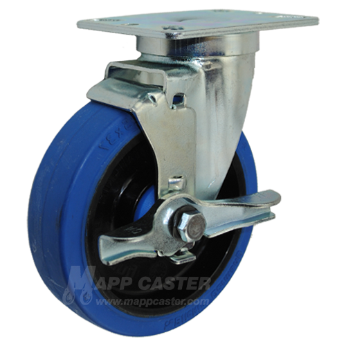 5" x 1-1/4" Blue Elastic Rubber wheel Swivel Brake Caster with 3-1/8" x 4-1/8" Top Plate - 350 Lbs Capacity
