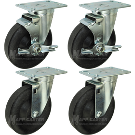 5" Bakery Rack Oven Casters, Set of 4 (Two Brakes) - 350 Lbs Capacity