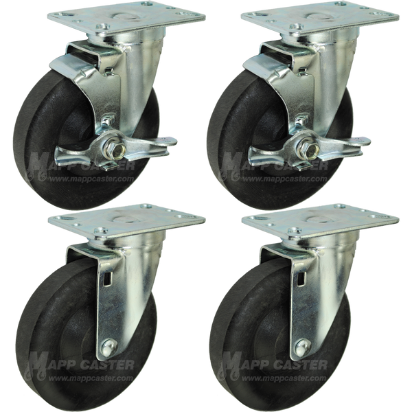 5" Bakery Rack Oven Casters, Set of 4 (Two Brakes) - 350 Lbs Capacity