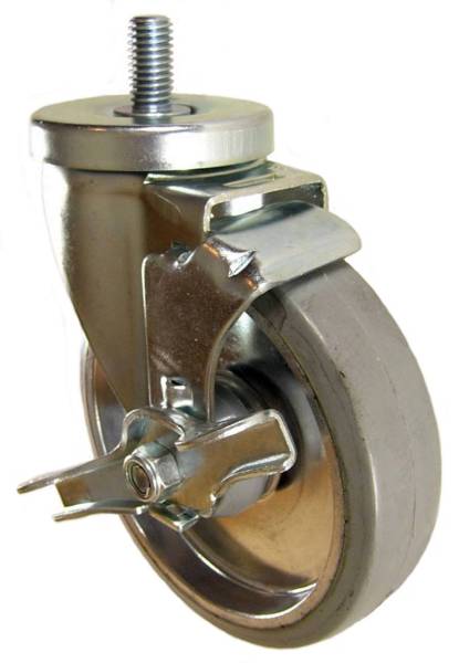 5" x 1-1/4" Rubber on Aluminum Wheel Swivel Caster with 1/2" Threaded Stem & Brake - 275 Lbs Capacity