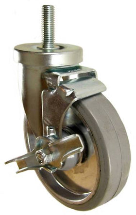 5" x 1-1/4" Rubber on Aluminum Wheel Swivel Caster with 1/2" Threaded Stem & Brake - 275 Lbs Capacity