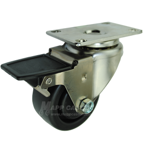 3" x 1-1/4" Heavy Duty Plastic Wheel Stainless Steel Swivel Caster with Face Contact Brake - 300 Lbs Capacity