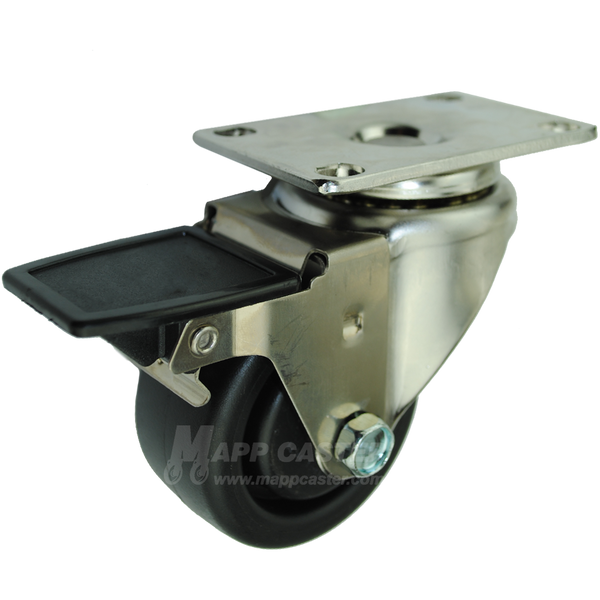 3" x 1-1/4" Heavy Duty Plastic Wheel Stainless Steel Swivel Caster with Face Contact Brake - 300 Lbs Capacity