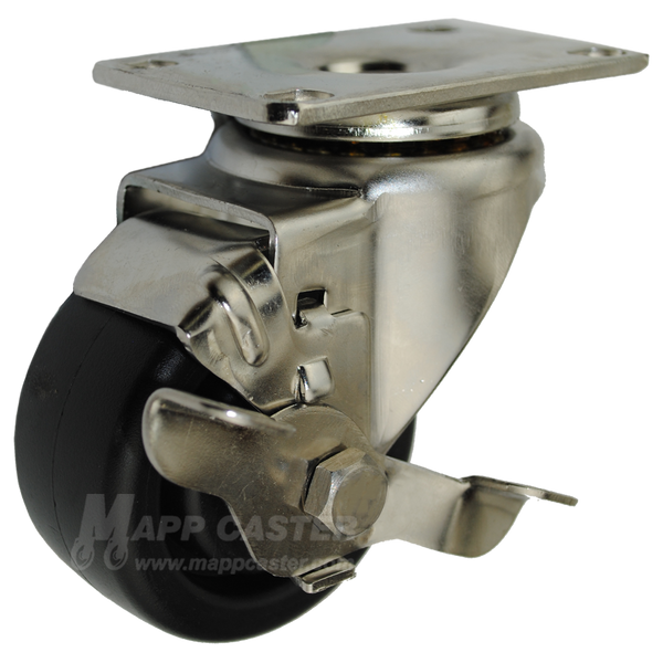 3" x 1-1/4" Heavy Duty Plastic Wheel Stainless Steel Swivel Caster with Brake - 300 Lbs Capacity