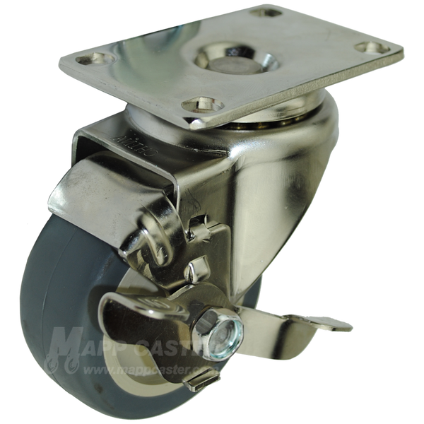 3" x 1-1/4" Thermoplastic Rubber Stainless Steel Swivel Caster with Brake - 210 Lbs Capacity