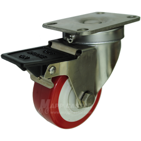 3" x 1-1/4" Polyurethane Stainless Steel Sealed Swivel Caster with Face Contact Brake - 300 Lbs Capacity