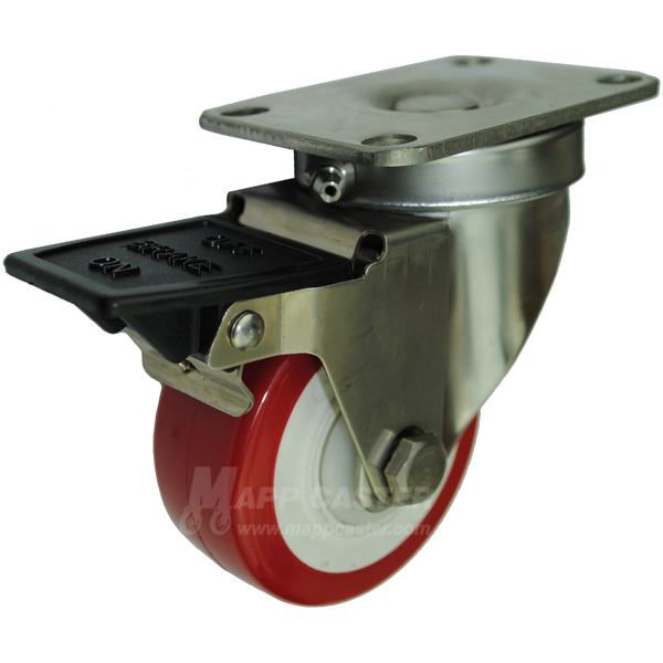 3" x 1-1/4" Polyurethane Stainless Steel Sealed Swivel Caster with Face Contact Brake - 300 Lbs Capacity