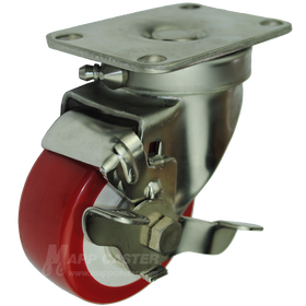 3" x 1-1/4" Polyurethane Stainless Steel Sealed Swivel Caster with Brake - 300 Lbs Capacity