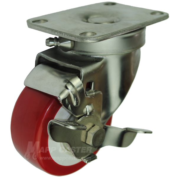 3" x 1-1/4" Polyurethane Stainless Steel Sealed Swivel Caster with Brake - 300 Lbs Capacity