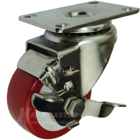 3" x 1-1/4" Polyurethane Stainless Steel Swivel Caster with Brake - 300 Lbs Capacity