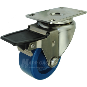 3" x 1-1/4" Solid Polyurethane Stainless Steel Swivel Caster with Face Contact Brake - 300 Lbs Capacity